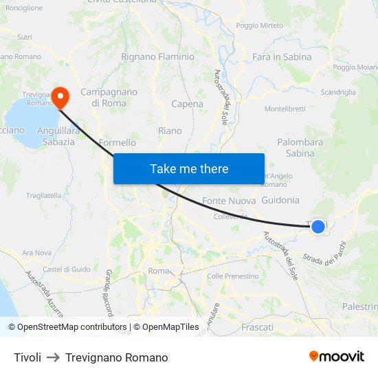 Tivoli to Trevignano Romano map