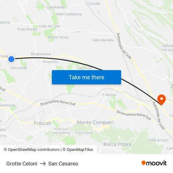 Grotte Celoni to San Cesareo map