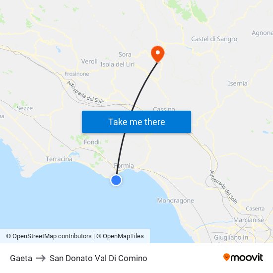 Gaeta to San Donato Val Di Comino map