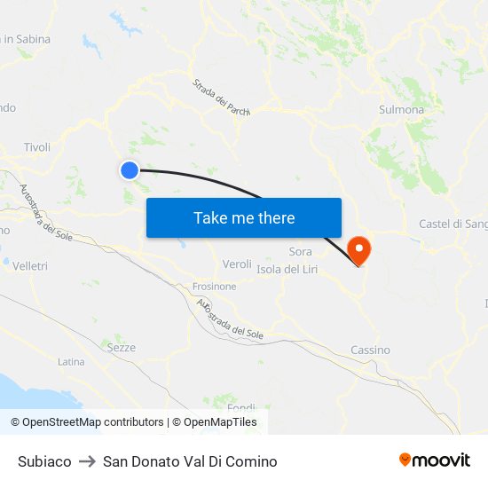 Subiaco to San Donato Val Di Comino map
