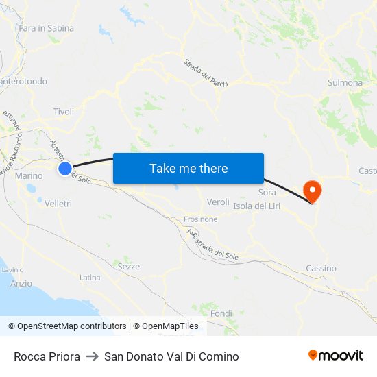 Rocca Priora to San Donato Val Di Comino map