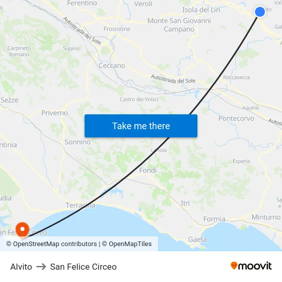 Alvito to San Felice Circeo map