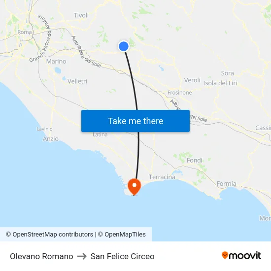 Olevano Romano to San Felice Circeo map