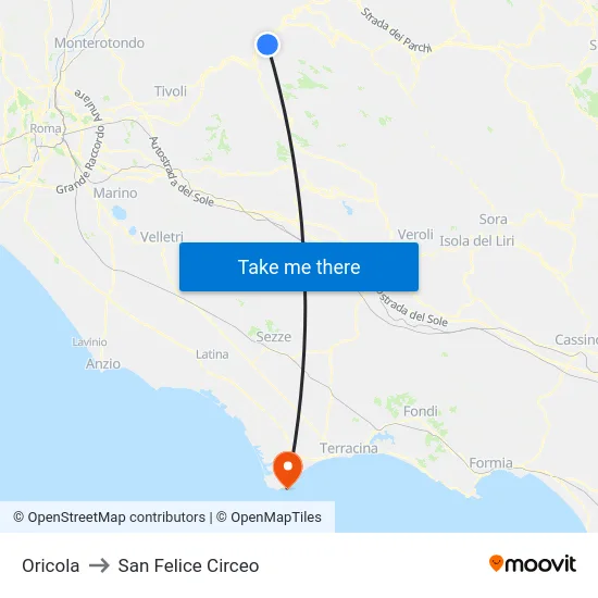 Oricola to San Felice Circeo map