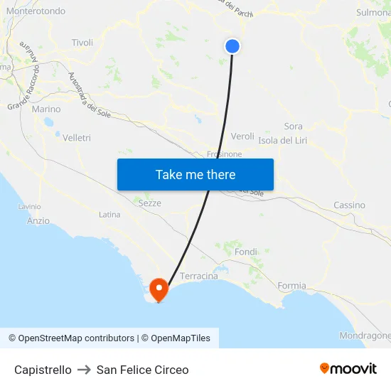 Capistrello to San Felice Circeo map