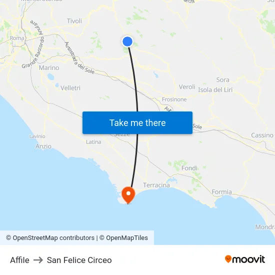 Affile to San Felice Circeo map