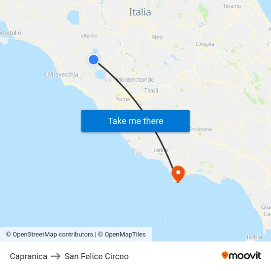 Capranica to San Felice Circeo map