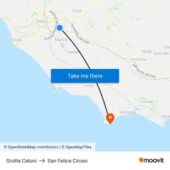Grotte Celoni to San Felice Circeo map