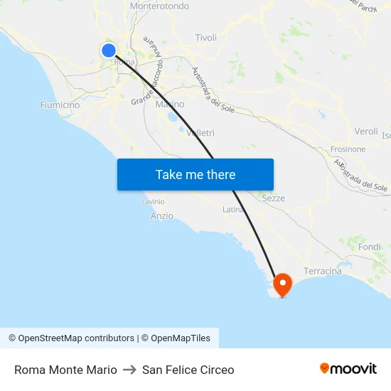 Roma Monte Mario to San Felice Circeo map