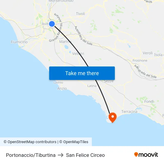 Portonaccio/Tiburtina to San Felice Circeo map