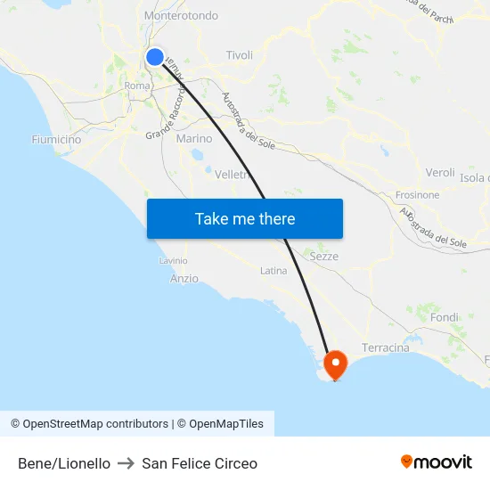 Bene/Lionello to San Felice Circeo map