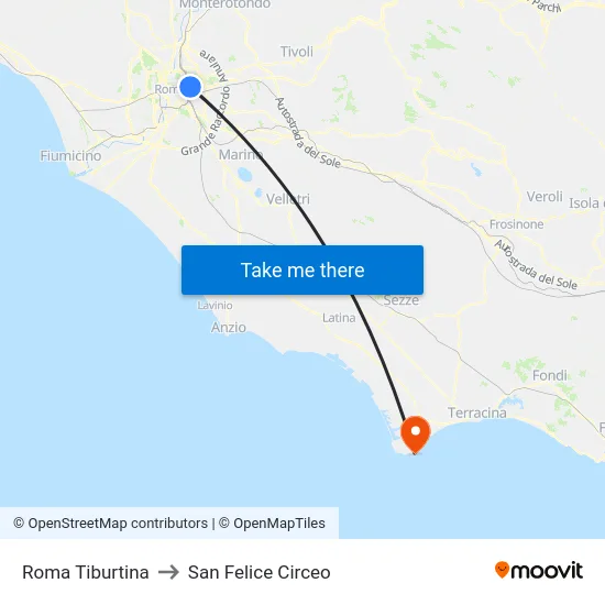 Roma Tiburtina to San Felice Circeo map
