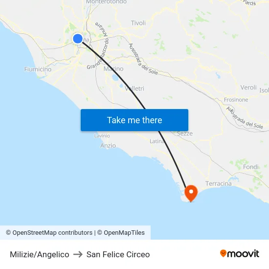 Milizie/Angelico to San Felice Circeo map