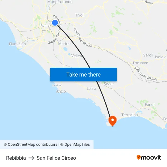 Rebibbia to San Felice Circeo map