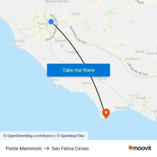 Ponte Mammolo to San Felice Circeo map