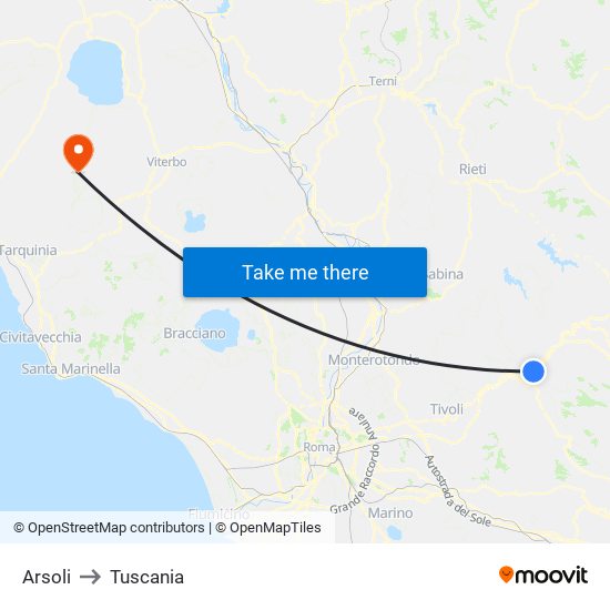 Arsoli to Tuscania map