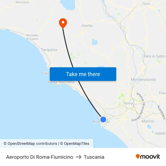 Rome-Fiumicino Airport to Tuscania map