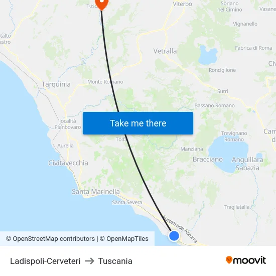 Ladispoli-Cerveteri to Tuscania map