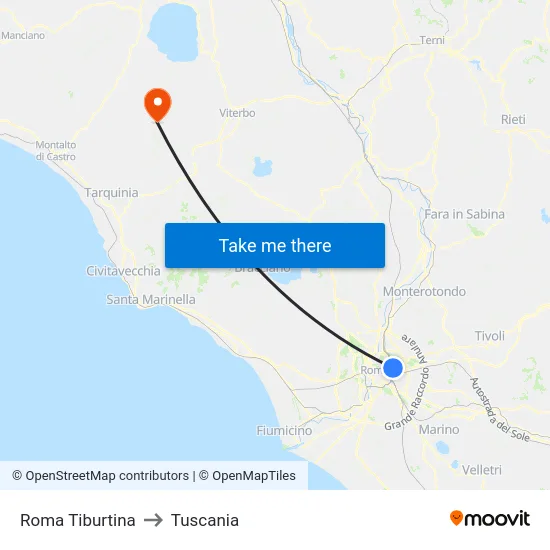 Roma Tiburtina to Tuscania map