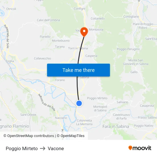 Poggio Mirteto to Vacone map