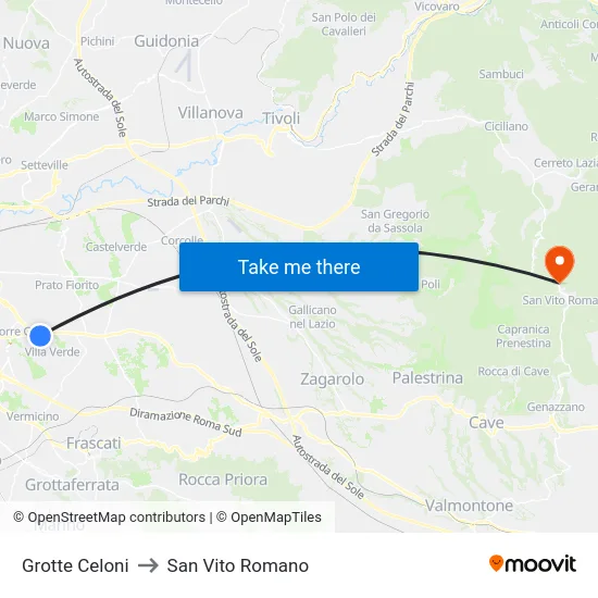 Grotte Celoni to San Vito Romano map