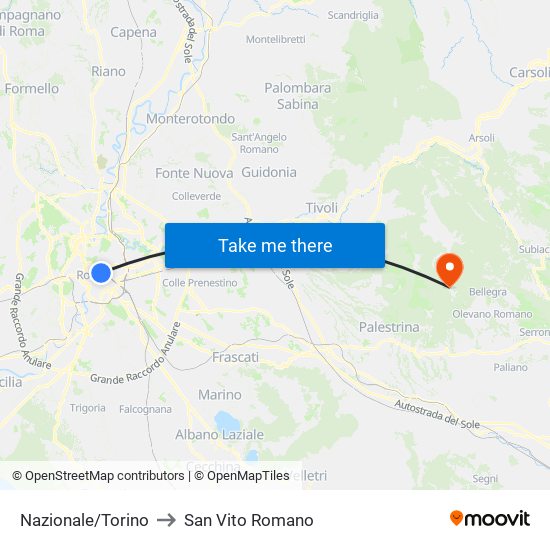 Nazionale/Torino to San Vito Romano map