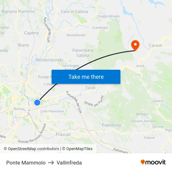 Ponte Mammolo to Vallinfreda map