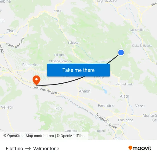Filettino to Valmontone map