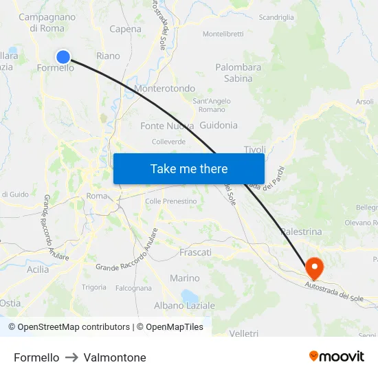Formello to Valmontone map