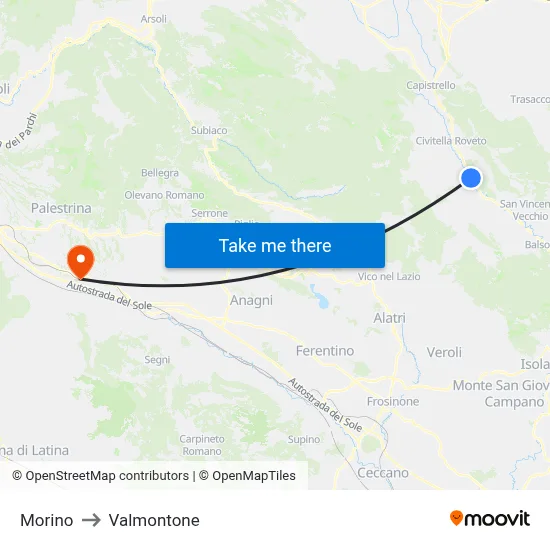 Morino to Valmontone map