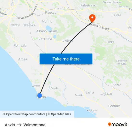 Anzio to Valmontone map