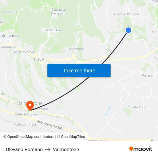 Olevano Romano to Valmontone map