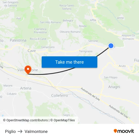 Piglio to Valmontone map