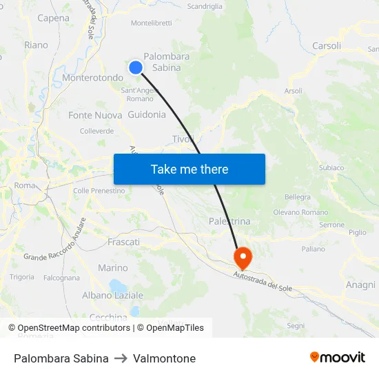 Palombara Sabina to Valmontone map