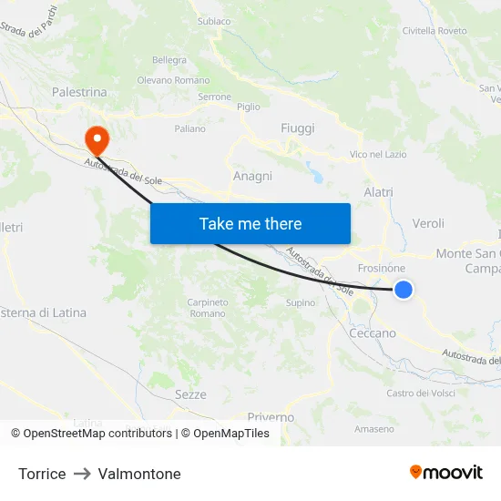 Torrice to Valmontone map