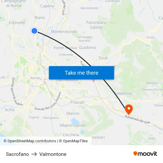 Sacrofano to Valmontone map