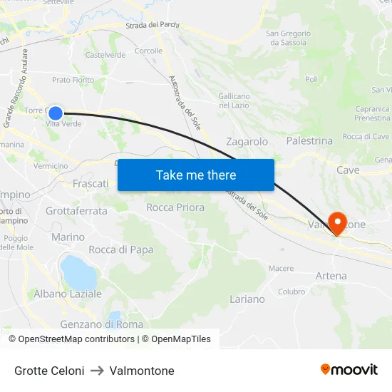 Grotte Celoni to Valmontone map