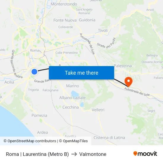 Roma | Laurentina (Metro B) to Valmontone map