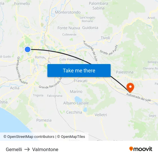 Gemelli to Valmontone map