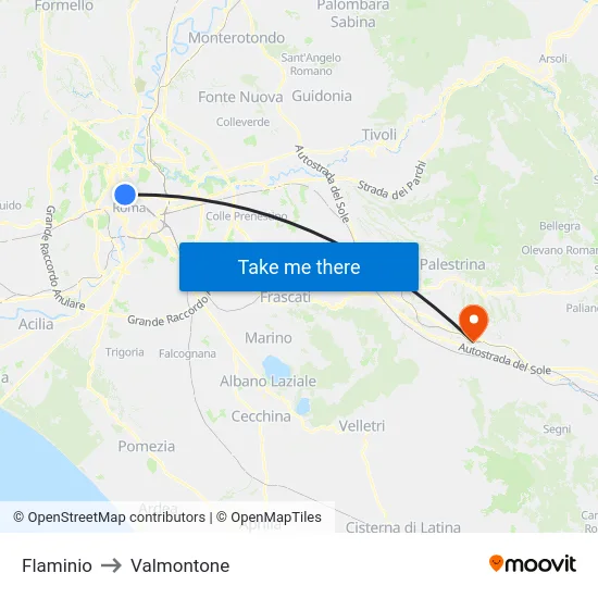 Flaminio to Valmontone map