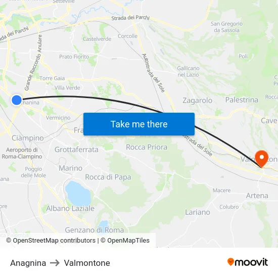 Anagnina to Valmontone map
