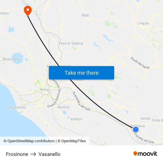 Frosinone to Vasanello map