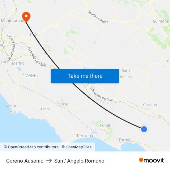 Coreno Ausonio to Sant' Angelo Romano map
