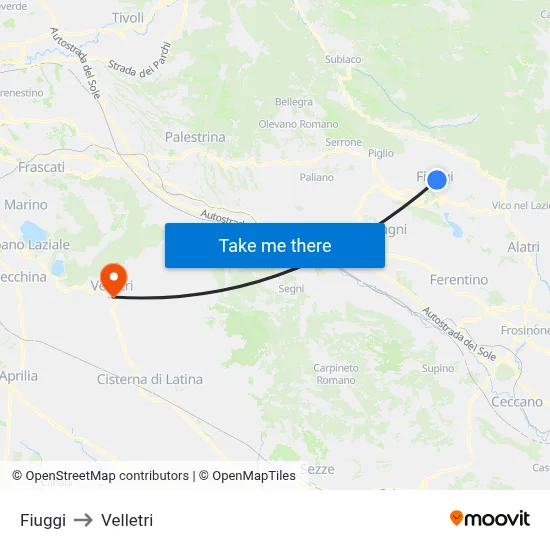 Fiuggi to Velletri map