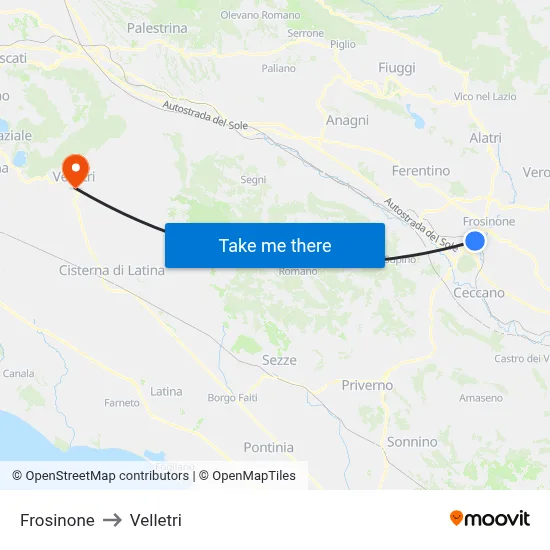 Frosinone to Velletri map