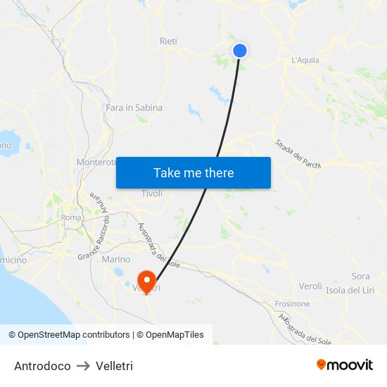 Antrodoco to Velletri map