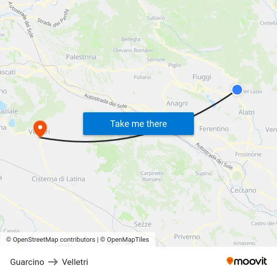 Guarcino to Velletri map