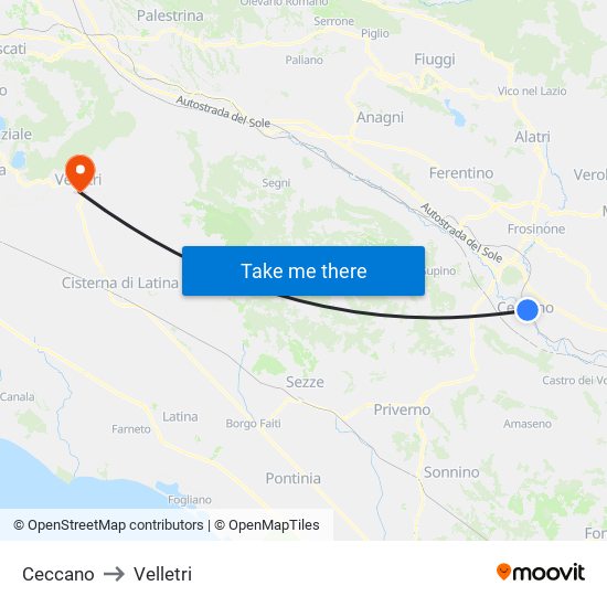 Ceccano to Velletri map