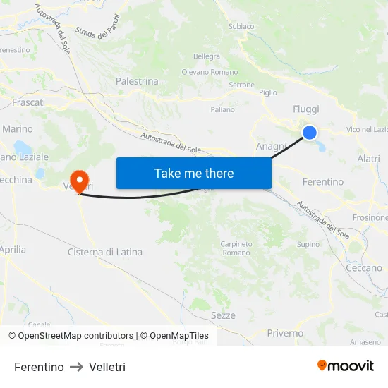 Ferentino to Velletri map