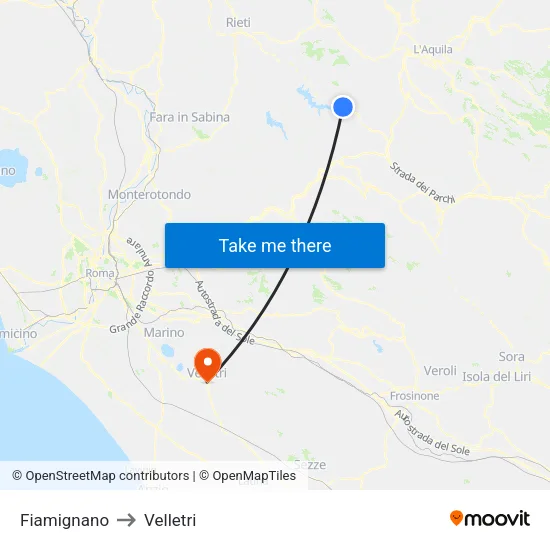 Fiamignano to Velletri map